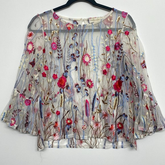 Cynthia Rowley Tops - Cynthia Rowley mesh Embroidered Floral bell sleeve